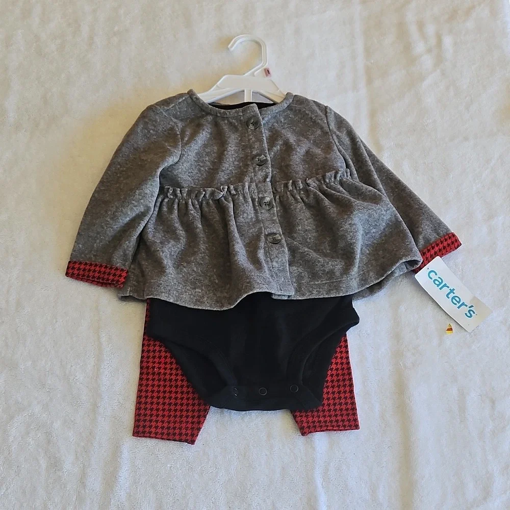 Carter's‎ 3 Piece Baby Outfit Set Gray Top Red Houndstooth Pants 9m